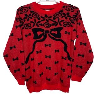 Vintage Red Black Sparkle‎ Knit Sweater Bow Rose Pattern L? Holiday Christmas